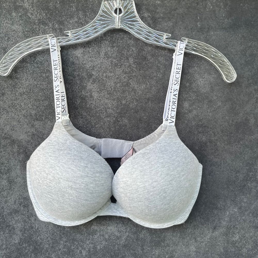 Victoria's Secret Logo Strap Plunge T-Shirt Push Up Bra Heather Gray 34D